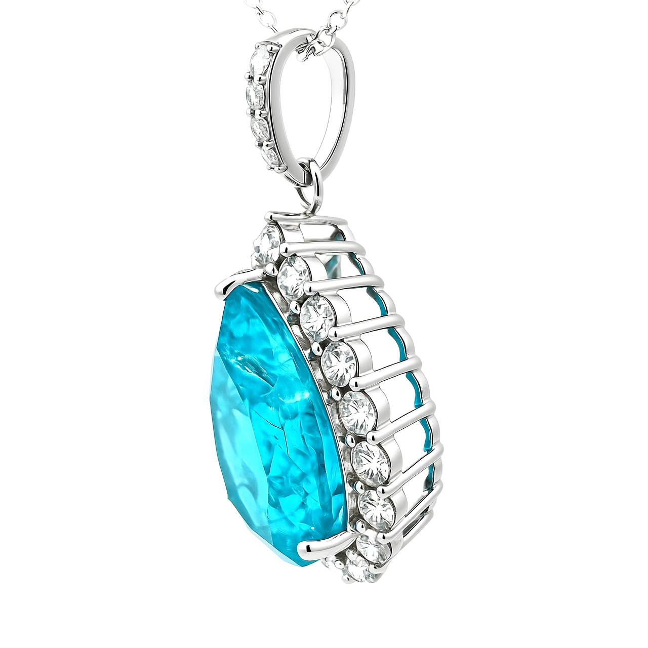 Angled view of 47AU pear-cut Paraïba tourmaline imitation pendant in 10K white gold