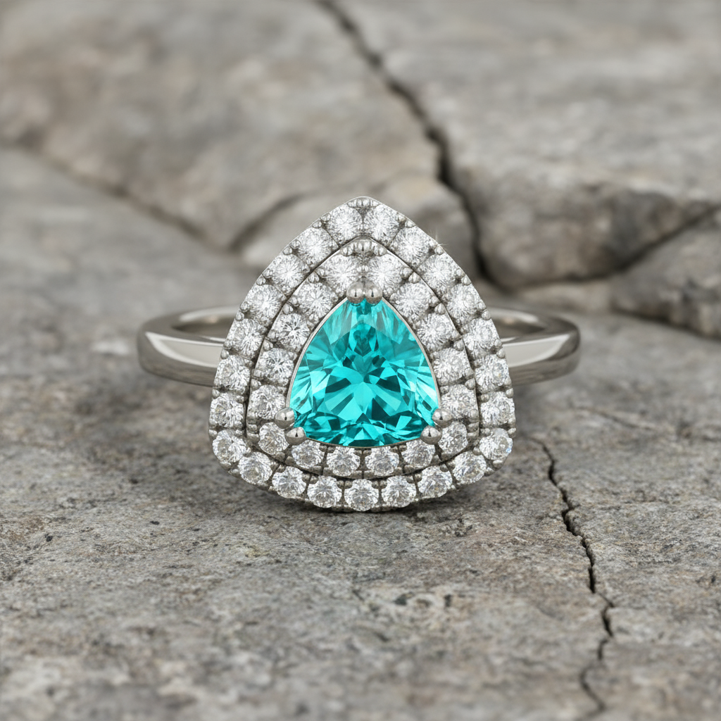 Close-up of trilliant-cut synthetic Paraiba tourmaline imitation with triple halo of DEF VVS lab-grown diamonds on 10K white gold 47AU ring
