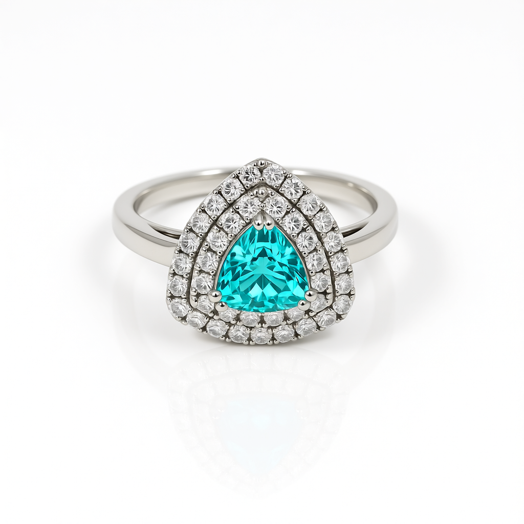 Front view of 47AU trilliant-cut synthetic Paraiba tourmaline imitation ring in 10K white gold with triple halo of lab-grown diamonds
