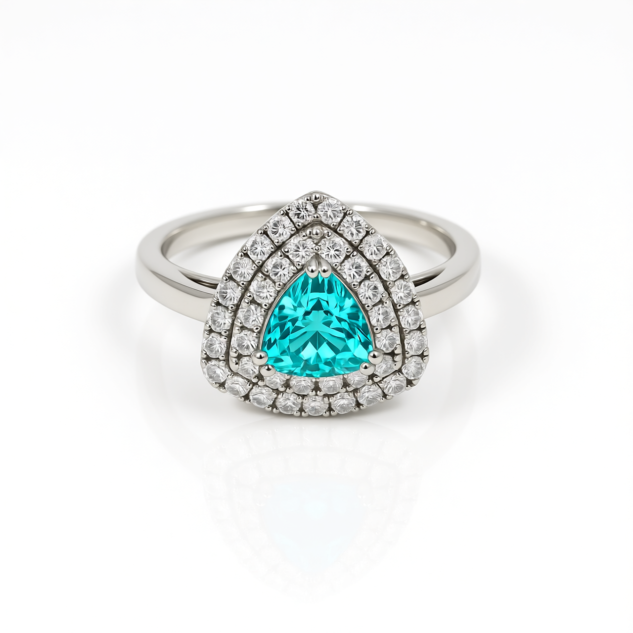 Front view of 47AU trilliant-cut synthetic Paraiba tourmaline imitation ring in 10K white gold with triple halo of lab-grown diamonds