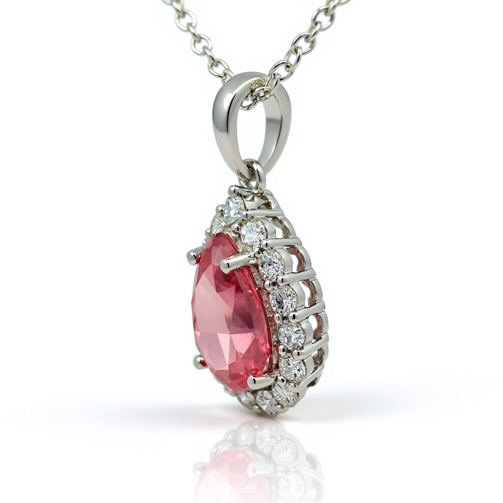 Angled view of 47AU 3.03 ct fancy vivid red lab-grown diamond pendant set in 18K white gold