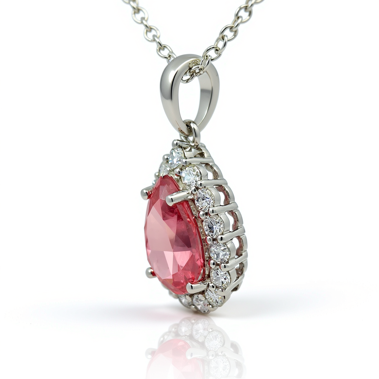 Angled view of 47AU 3.03 ct fancy vivid red lab-grown diamond pendant set in 18K white gold