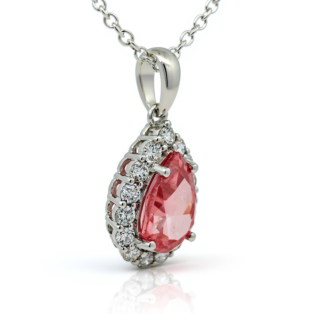 Side profile of 47AU 3.03 ct fancy vivid red lab-grown diamond pendant in 18K white gold