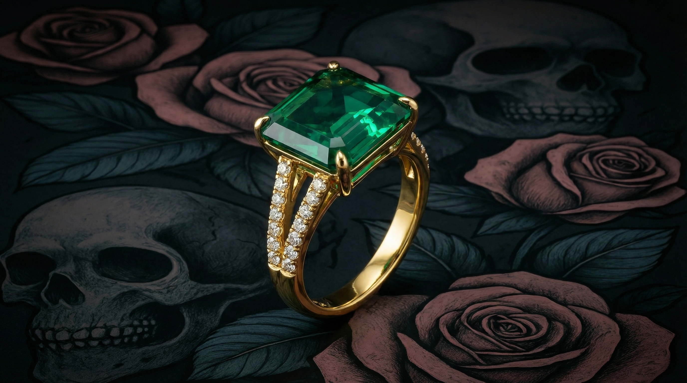 Gold ring with hydrothermal emerald and lab grown diamonds designed and made by FourSeven Aurum (47AU)